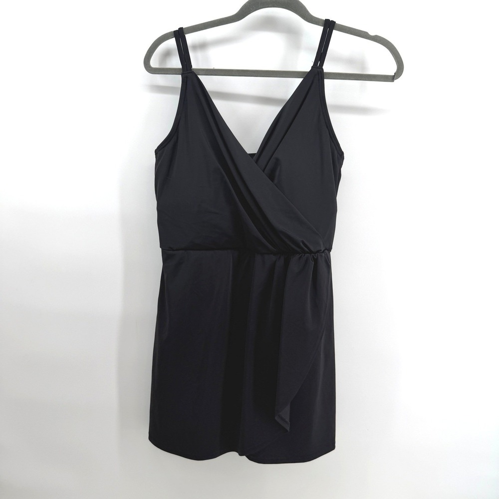 Lands' End Swim Dress Surplice Wrap Front M 10-12 Black Womens Swimwear SEO